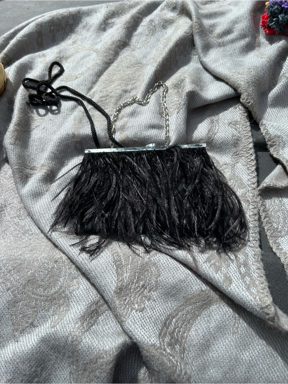 Black Feather Fringe Evening Clutch with Silver Chain